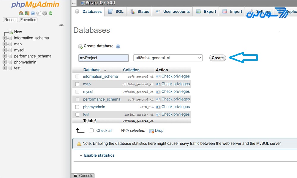 ارسال اطلاعات به ديتابيس در PHP : ایجاد پایگاه داده در phpmyadmin